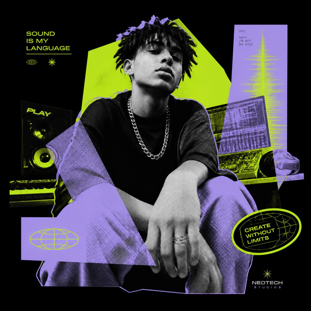 Independent artist collage in neon yellow and lilac